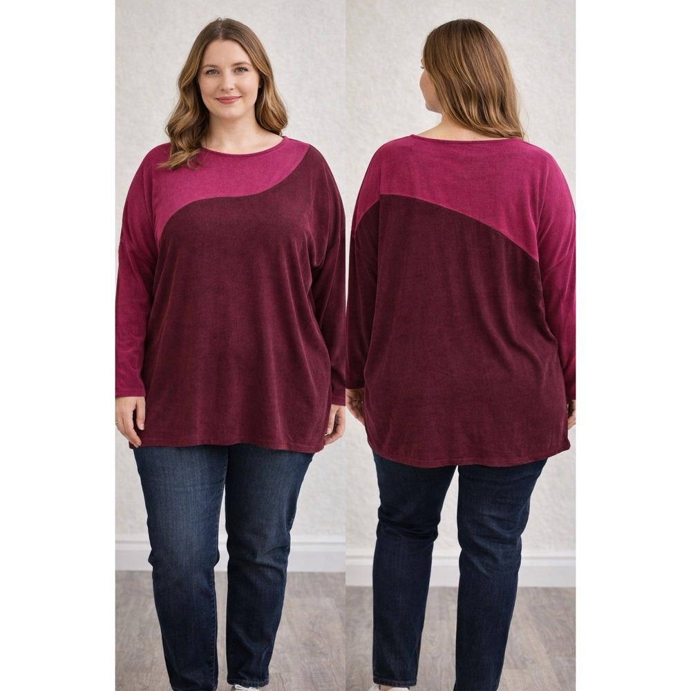 Chico's Travelers Top 20/22 XL Size 4 Burgundy Pink‎ Tunic Stretch Colorblock